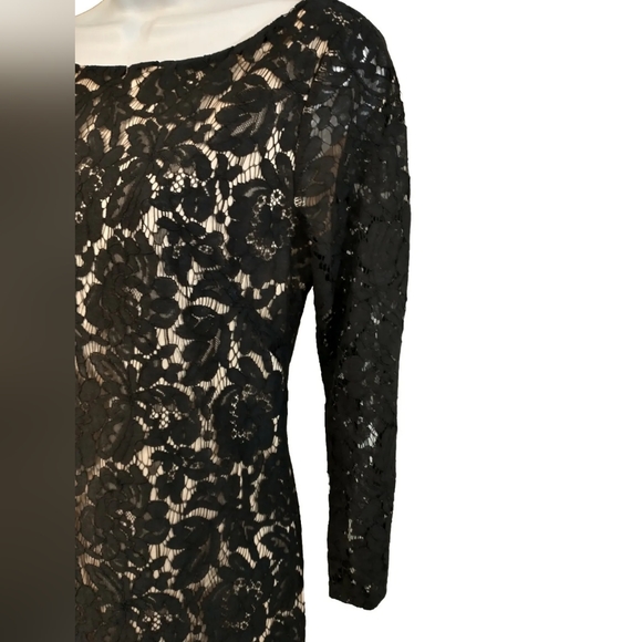 Vince Camuto Black Floral Lace Overlay Lined  Nude Sheath Dress Size 6 - Picture 4 of 9